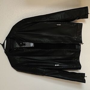 American Breed Leatherette Mens Biker Style Jacket Black w/ Fur Lining Size Lrg